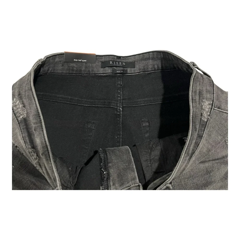 NWT Risen Womens 1XL Flare Jeans Black Acid Wash High Rise Raw Hem Stretch Denim
